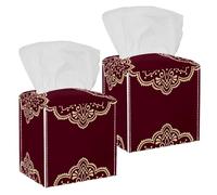 2PCS Square Tissue Box Cover, Arabian Style Arabesque Pattern 1 Leather Tissue Case Facial Paper Organizer Dispenser for Vanity Toilet Tank Dresser Night Stand Table Countertop Office Car