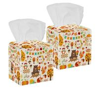 2PCS Square Tissue Box Cover, Autumn Forest Bear Fox Squirrel Hedgehog Leather Tissue Case Facial Paper Organizer Dispenser for Vanity Toilet Tank Dresser Night Stand Table Countertop Office Car