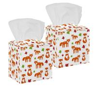 2PCS Square Tissue Box Cover, Autumn Fox and Leaves Forest Animals Plants Pattern Leather Tissue Case Facial Paper Organizer Dispenser for Vanity Toilet Tank Dresser Night Stand Table Countertop