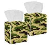 2PCS Square Tissue Box Cover, Awesome Camouflage Yellow Leather Tissue Case Facial Paper Organizer Dispenser for Vanity Toilet Tank Dresser Night Stand Table Countertop Office Car