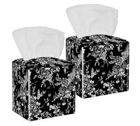 2PCS Square Tissue Box Cover, Awesome Flower Black White Leather Tissue Case Facial Paper Organizer Dispenser for Vanity Dresser Night Stand Table Countertop Office Car