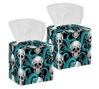 2PCS Square Tissue Box Cover, Awesome Skull Octopus Blue Leather Tissue Case Facial Paper Organizer Dispenser for Vanity Toilet Tank Dresser Night Stand Table Countertop Office Car