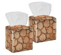 2PCS Square Tissue Box Cover, Awesome Wood Wall Leather Tissue Case Facial Paper Organizer Dispenser for Vanity Toilet Tank Dresser Night Stand Table Countertop Office Car