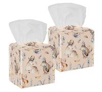 2PCS Square Tissue Box Cover, Baby Animals Watercolor Cute Fox Deer Rabbit and Bear Pattern Leather Tissue Case Facial Paper Organizer Dispenser for Vanity Dresser Night Stand Table Countertop