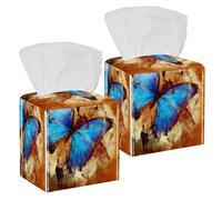 2PCS Square Tissue Box Cover, Background in Grunge Style with Butterfly Leather Tissue Case Facial Paper Organizer Dispenser for Vanity Toilet Tank Dresser Night Stand Table Countertop Office Car