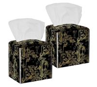 2PCS Square Tissue Box Cover, Bamboo Bird Crane Tree Japanese Chinese Pattern Leather Tissue Case Facial Paper Organizer Dispenser for Vanity Dresser Night Stand Table Countertop Office Car