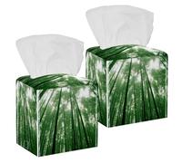 2PCS Square Tissue Box Cover, Bamboo Forest Sunshine Leather Tissue Case Facial Paper Organizer Dispenser for Vanity Toilet Tank Dresser Night Stand Table Countertop Office Car