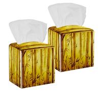 2PCS Square Tissue Box Cover, Bamboo Golden Forest Leather Tissue Case Facial Paper Organizer Dispenser for Vanity Toilet Tank Dresser Night Stand Table Countertop Office Car