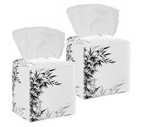 2PCS Square Tissue Box Cover, Bamboo Leaves Leather Tissue Case Facial Paper Organizer Dispenser for Vanity Toilet Tank Dresser Night Stand Table Countertop Office Car