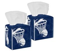 2PCS Square Tissue Box Cover, Basketball Background Leather Tissue Case Facial Paper Organizer Dispenser for Vanity Toilet Tank Dresser Night Stand Table Countertop Office Car