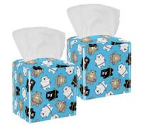 2PCS Square Tissue Box Cover, Bear Hula Hoop Cartoon Animals Cute Pattern Leather Tissue Case Facial Paper Organizer Dispenser for Vanity Toilet Tank Dresser Night Stand Table Countertop Office Car
