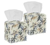 2PCS Square Tissue Box Cover, Beautiful Bamboo Leaves and Flower Pattern Leather Tissue Case Facial Paper Organizer Dispenser for Vanity Toilet Tank Dresser Night Stand Table Countertop Office Car