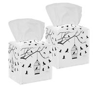 2PCS Square Tissue Box Cover, Beautiful Birds Cage Silhouette Leather Tissue Case Facial Paper Organizer Dispenser for Vanity Toilet Tank Dresser Night Stand Table Countertop Office Car