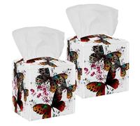 2PCS Square Tissue Box Cover, Beautiful Butterfly Colorful Wings Flowers Pattern Leather Tissue Case Facial Paper Organizer Dispenser for Vanity Dresser Night Stand Table Countertop Office Car