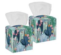 2PCS Square Tissue Box Cover, Beautiful Cactuses Succulents Flowers Pattern Leather Tissue Case Facial Paper Organizer Dispenser for Vanity Toilet Tank Dresser Night Stand Table Countertop Office Car
