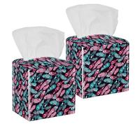 2PCS Square Tissue Box Cover, Beautiful Feather Pattern Leather Tissue Case Facial Paper Organizer Dispenser for Vanity Toilet Tank Dresser Night Stand Table Countertop Office Car