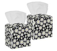 2PCS Square Tissue Box Cover, Beautiful Flowers Daisy Floral Pattern Leather Tissue Case Facial Paper Organizer Dispenser for Vanity Toilet Tank Dresser Night Stand Table Countertop Office Car