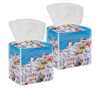 2PCS Square Tissue Box Cover, Beautiful Greek Architecture Santorini Volcano Cyclades Caldera Island Leather Tissue Case Facial Paper Organizer Dispenser for Vanity Dresser Night Stand Table Office