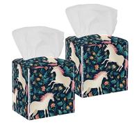 2PCS Square Tissue Box Cover, Beautiful Magic Unicorns Flowers Floral Pattern Leather Tissue Case Facial Paper Organizer Dispenser for Vanity Toilet Tank Dresser Night Stand Table Countertop Office