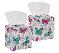 2PCS Square Tissue Box Cover, Beautiful Roses and Colorful Butterflies Pattern Leather Tissue Case Facial Paper Organizer Dispenser for Vanity Toilet Tank Dresser Night Stand Table Countertop Office