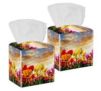 2PCS Square Tissue Box Cover, Beautiful Tulip Floral Sunset Landscape Leather Tissue Case Facial Paper Organizer Dispenser for Vanity Toilet Tank Dresser Night Stand Table Countertop Office Car