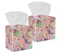 2PCS Square Tissue Box Cover, Beautiful Unicorns Princess Violet Peony Pink Roses Magic Pattern Leather Tissue Case Facial Paper Organizer Dispenser for Vanity Dresser Night Stand Table Countertop