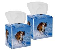 2PCS Square Tissue Box Cover, Bengal Tiger Leather Tissue Case Facial Paper Organizer Dispenser for Vanity Toilet Tank Dresser Night Stand Table Countertop Office Car