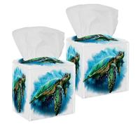 2PCS Square Tissue Box Cover, Big Sea Turtle Watercolor Painting Leather Tissue Case Facial Paper Organizer Dispenser for Vanity Toilet Tank Dresser Night Stand Table Countertop Office Car