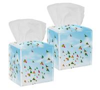 2PCS Square Tissue Box Cover, Birds Flying Sky Leather Tissue Case Facial Paper Organizer Dispenser for Vanity Toilet Tank Dresser Night Stand Table Countertop Office Car