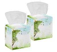 2PCS Square Tissue Box Cover, Birds on The Tree Leather Tissue Case Facial Paper Organizer Dispenser for Vanity Toilet Tank Dresser Night Stand Table Countertop Office Car