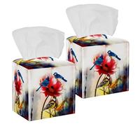 2PCS Square Tissue Box Cover, Birds Poppy Flowers Leather Tissue Case Facial Paper Organizer Dispenser for Vanity Dresser Night Stand Table Countertop Office Car