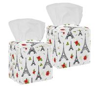 2PCS Square Tissue Box Cover, Black Eifel Tower Paris and Roses Flowers Pattern Leather Tissue Case Facial Paper Organizer Dispenser for Vanity Toilet Tank Dresser Night Stand Table Countertop Office