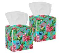 2PCS Square Tissue Box Cover, Blooming Flowers Birds Butterflies Hummingbirds Rhododendron Leather Tissue Case Facial Paper Organizer Dispenser for Vanity Dresser Night Stand Table Countertop
