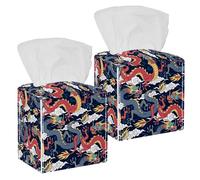 2PCS Square Tissue Box Cover, Blue and Red Dragons Fighting in The Clouds Leather Tissue Case Facial Paper Organizer Dispenser for Vanity Toilet Tank Dresser Night Stand Table Countertop Office Car