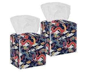 2PCS Square Tissue Box Cover, Blue and Red Dragons Fighting in The Clouds Leather Tissue Case Facial Paper Organizer Dispenser for Vanity Toilet Tank Dresser Night Stand Table Countertop Office Car