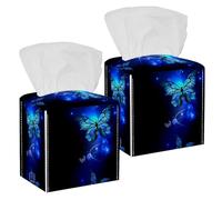 2PCS Square Tissue Box Cover, Blue Glowing Butterflies Morpho Pattern Leather Tissue Case Facial Paper Organizer Dispenser for Vanity Toilet Tank Dresser Night Stand Table Countertop Office Car
