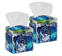 2PCS Square Tissue Box Cover, Blue Sea Turtle Art Painting Leather Tissue Case Facial Paper Organizer Dispenser for Vanity Toilet Tank Dresser Night Stand Table Countertop Office Car