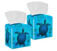 2PCS Square Tissue Box Cover, Blue Sea Turtle Leather Tissue Case Facial Paper Organizer Dispenser for Vanity Toilet Tank Dresser Night Stand Table Countertop Office Car