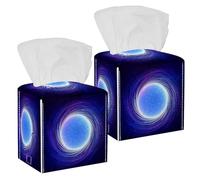 2PCS Square Tissue Box Cover, Blue Shining Cosmic Neon Light Twirl Pattern Leather Tissue Case Facial Paper Organizer Dispenser for Vanity Dresser Night Stand Table Countertop Office Car