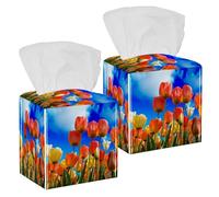 2PCS Square Tissue Box Cover, Blue Sky Beauty Tulip Leather Tissue Case Facial Paper Organizer Dispenser for Vanity Toilet Tank Dresser Night Stand Table Countertop Office Car