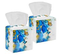 2PCS Square Tissue Box Cover, Blue Tulips with Mimosa and Butterfly Spring Background Leather Tissue Case Facial Paper Organizer Dispenser for Vanity Dresser Night Stand Table Countertop Office Car