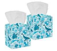 2PCS Square Tissue Box Cover, Blue Underwater Sea Life Boundless Leather Tissue Case Facial Paper Organizer Dispenser for Vanity Toilet Tank Dresser Night Stand Table Countertop Office Car