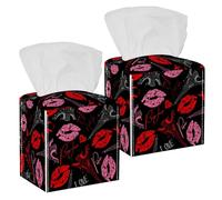 2PCS Square Tissue Box Cover, Bonjour Paris Eiffel Tower and Heart Pattern Leather Tissue Case Facial Paper Organizer Dispenser for Vanity Toilet Tank Dresser Night Stand Table Countertop Office Car