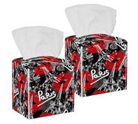 2PCS Square Tissue Box Cover, Bonjour Paris Eiffel Tower and Lips Abstract Pattern Leather Tissue Case Facial Paper Organizer Dispenser for Vanity Toilet Tank Dresser Night Stand Table Countertop
