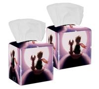 2PCS Square Tissue Box Cover, Boy and Fox Sitting The Planet Watercolor Painting Leather Tissue Case Facial Paper Organizer Dispenser for Vanity Dresser Night Stand Table Countertop Office Car