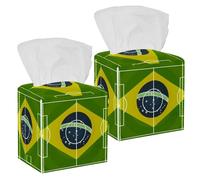 2PCS Square Tissue Box Cover, Brazil Soccer Football Stadium Leather Tissue Case Facial Paper Organizer Dispenser for Vanity Toilet Tank Dresser Night Stand Table Countertop Office Car