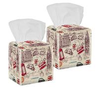 2PCS Square Tissue Box Cover, Buildings in England Leather Tissue Case Facial Paper Organizer Dispenser for Vanity Toilet Tank Dresser Night Stand Table Countertop Office Car