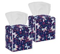 2PCS Square Tissue Box Cover, Butterflies and Flowers Seamless Pattern Leather Tissue Case Facial Paper Organizer Dispenser for Vanity Dresser Night Stand Table Countertop Office Car