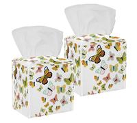 2PCS Square Tissue Box Cover, Butterflies Background Leather Tissue Case Facial Paper Organizer Dispenser for Vanity Toilet Tank Dresser Night Stand Table Countertop Office Car
