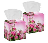 2PCS Square Tissue Box Cover, Butterflies Blossom Beautiful Flowers Roses Leather Tissue Case Facial Paper Organizer Dispenser for Vanity Toilet Tank Dresser Night Stand Table Countertop Office Car